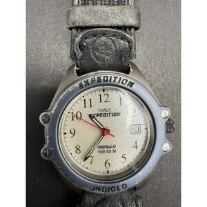 Timex Expedition Indiglo WR 50M Watch 32mm Silver Tone Black Leather Band